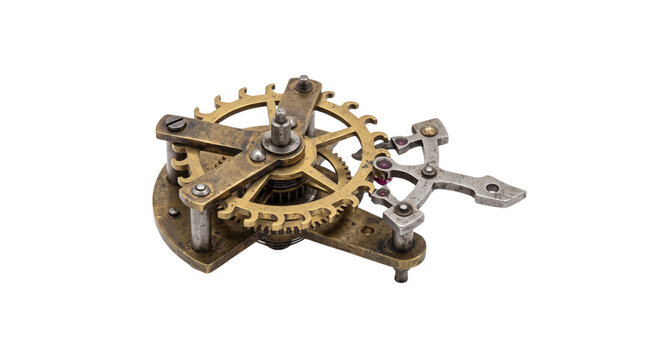 Vintage brass clockwork mechanism, antique mechanical gears and cogs, industrial steampunk clock internal components, aged metal watch parts isolated PNG with Transparent Background