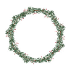 Watercolor vintage Christmas wreath circle frame with spruce pine branches, small winter berry twigs. Retro woodland garland for holiday card design, nursery decor. © Marina Morenova