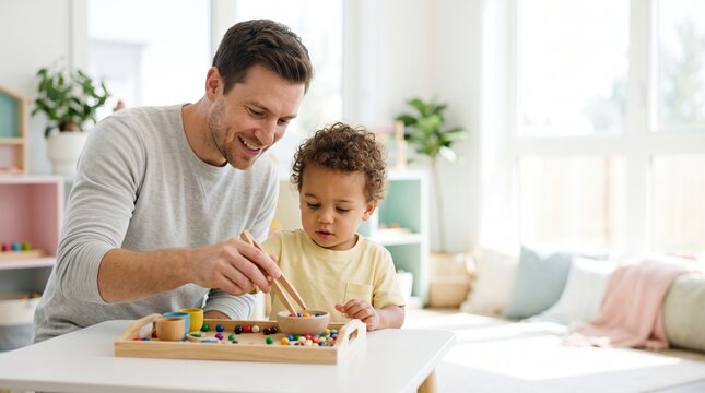 A smiling father playing with his toddler son using a wooden sorting toy and tweezers at home