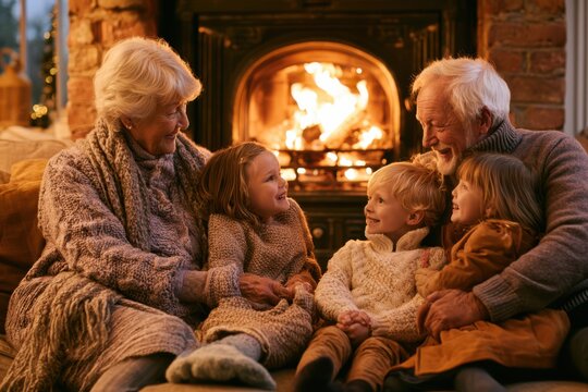 Grandparents Share a Cozy Evening with Grandchildren by the Fireplace