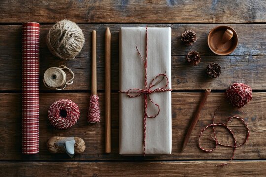 Rustic Handmade Gift Wrapping Supplies on Wooden Table