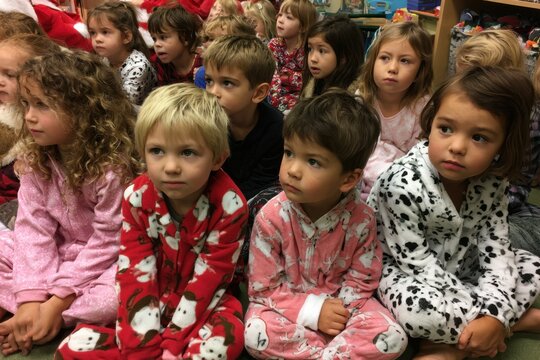 Young Children in Colorful Pajamas Gather for a Classroom Activity