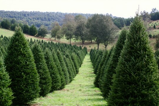 Rows of Evergreen Trees Growing on a Mountain Christmas Tree Farm