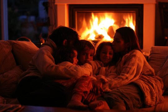 Family Cuddles Together by a Warm Fireplace at Home
