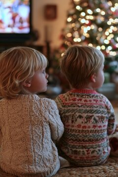 Children Watching a Glowing Christmas Tree at Home