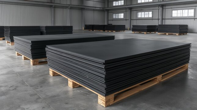 Stacks of Black Industrial Rubber Sheets on Pallets in Warehouse
