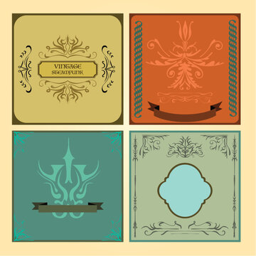 Vintage Ornamental Label Cards Set &ndash; Retro Frames with Flourishes and Ribbons in Mustard, Orange, Teal and Sage Green