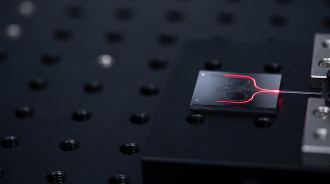 Photonic integrated circuit with red laser coupled into optical waveguides on optical breadboard in cleanroom laboratory