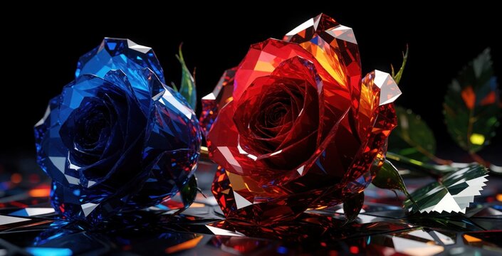 Two sparkling crystal roses lie on dark surface. One blue diamond flower, one red ruby rose shine with bright light. Luxury glass flowers create beautiful glowing effect. Elegant gems design for