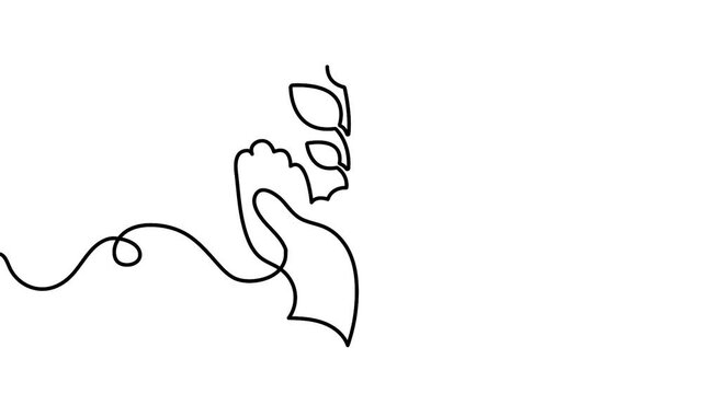 Hands with plant continuous one line art vector illustration featuring editable stroke. Depicting hands cupping a growing plant in one line art with an editable stroke vector illustration style.