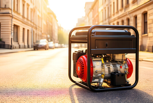 emergency power supply, portable electric generator on city street during blackout or energy crisis with sunset light in urban environment
