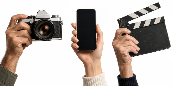 Three hands hold a vintage film camera, a blank-screen smartphone and an open movie clapperboard against white, comparing traditional photography with modern filmmaking and digital creation tools.