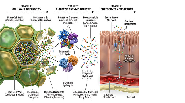 Illustration of the physiological mechanisms involved in breaking down organic matter to release bioavailable components for cellular transport and use
