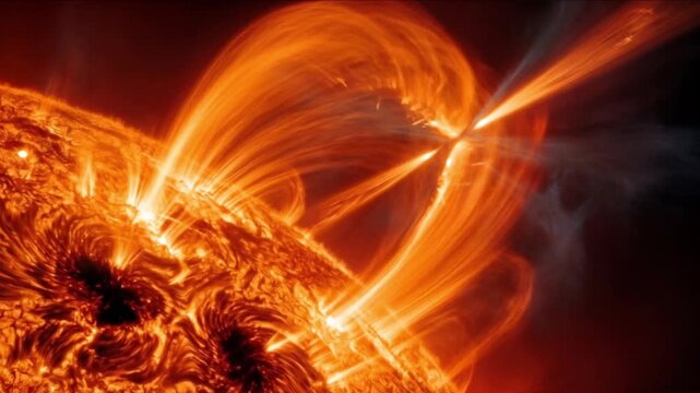 太陽フレアの磁気リコネクションと噴出するプロミネンスの宇宙観測CG