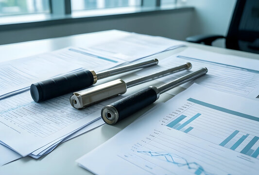 industrial maintenance and quality control, precision inspection tools on technical engineering reports and data charts in a modern office workspace