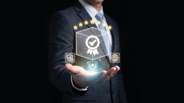 Businessman holding glowing virtual icon showing superior product quality standard