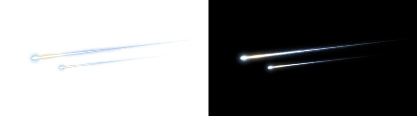 Comet pair streaking with glowing blue and golden tails for space themes in PNG, Transparent and Black Background Versions © Crafter