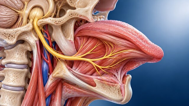 Cranial nerve XII hypoglossal nerve innervating the tongue muscles