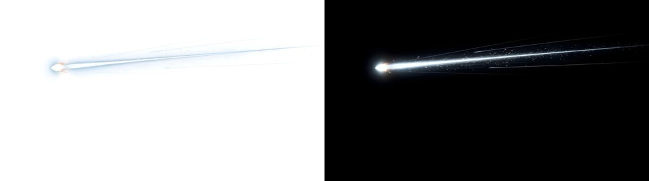Comet with a bright blue tail and orange sparks for space designs in PNG, Transparent and Black Background Versions