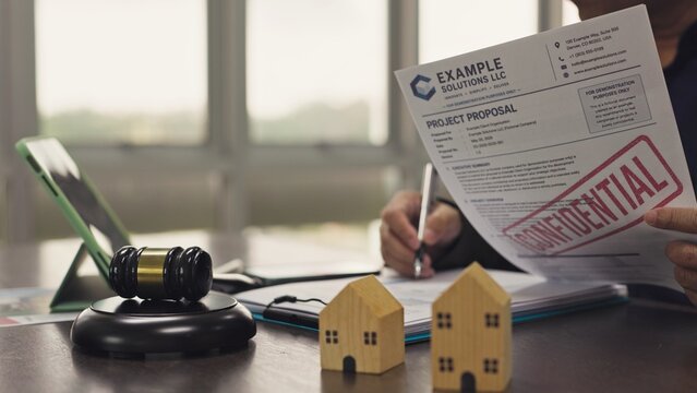 Lawyer examines confidential proposal paperwork beside gavel miniature wooden house models indoors. Real estate auction bidding, foreclosure property settlement, mortgage contract litigation.