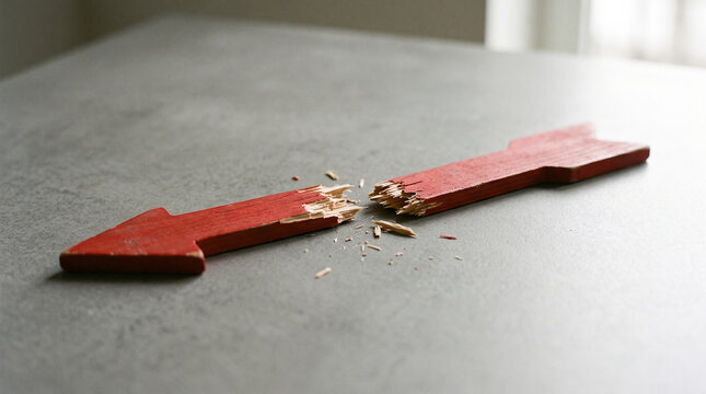 Broken red wooden arrow lying in two pieces on gray tabletop. Failed business strategy, corporate crisis and disrupted growth. Close-up.
