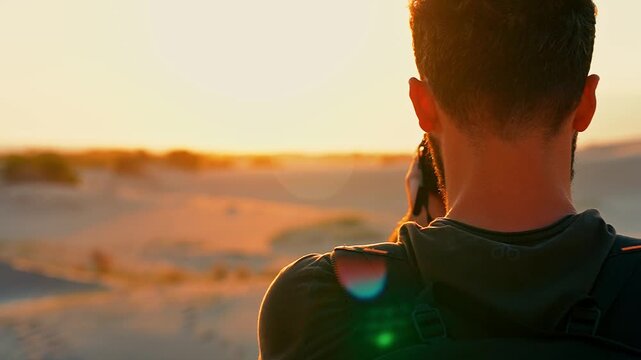 Close-up of a photographer capturing the sunset with a camera on the beach. Warm golden light highlights the moment in a striking coastal setting.