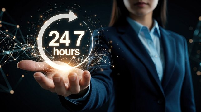 Business woman holds glowing 247 service icon in hand. Digital concept of round clock customer support, continuous online assistance. Professional lady presents tech symbol for nonstop help,