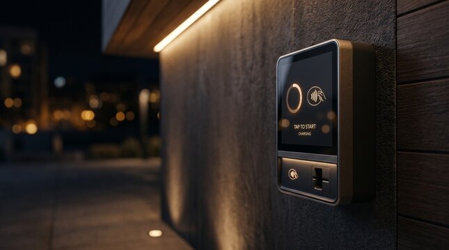 Modern EV Charging station interactive touch screen display mounted on a dark exterior wall at night