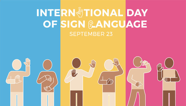 Flat vector poster for International Day of Sign Language featuring diverse characters showing different hand gestures.