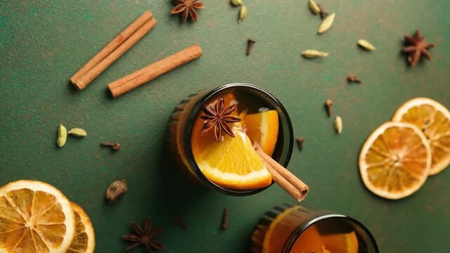 Warm drink with orange slices and spices on a dark background