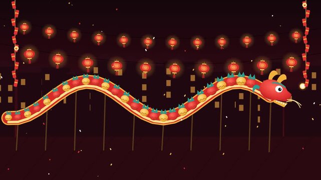 Seamless loop of two colorful dragon dance puppets on poles weaving across a festive night street under strings of glowing red lanterns, with firecrackers and confetti.