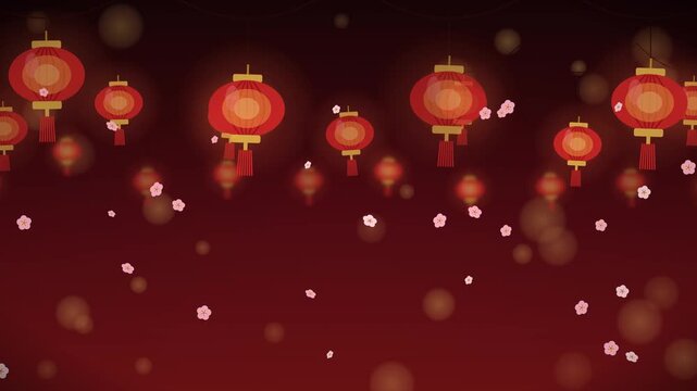 Seamless loop of glowing red and gold lanterns gently swaying on strings at three depths, with warm bokeh and pink plum blossoms falling, ideal for Lunar New Year backgrounds.