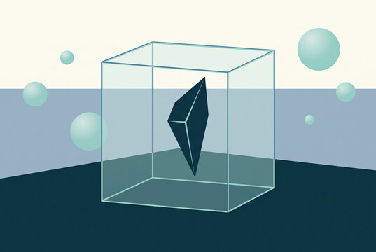 Dark Faceted Crystal Inside a Transparent Glass Cube Display