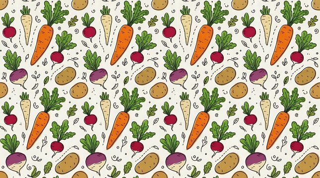 Continuous vegetable background featuring hand drawn root crop s arranged in a repeating decorative textile surface design carrot pattern seamless background hand-drawn vector doodle vegetable