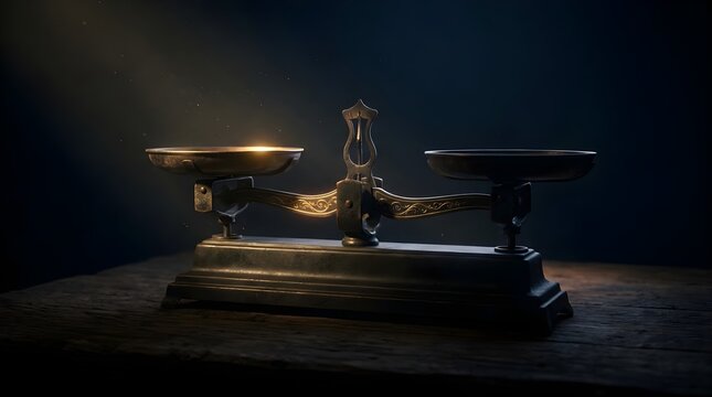 Antique balance scale of justice on a dark wooden table with warm golden light representing law and equality