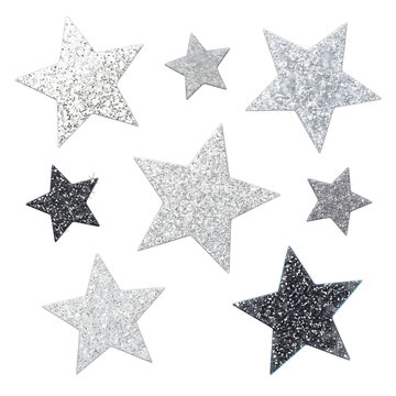 Set of eight glitter stars in silver, gray and black with fine sparkling grains for holiday decor and craft layouts in PNG, Transparent and Black Background Versions