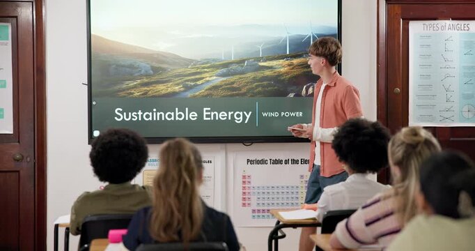 Presentation, student and class listening with screen, info and learning sustainable energy. High school, research project and person gesture with flash cards, education and wind power slideshow
