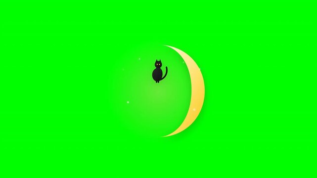 Minimalist vector illustration of a black cat silhouette sitting peacefully in front of a golden crescent moon against a solid green background