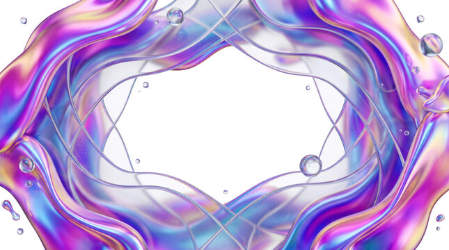 3D Holographic Fluid and Frosted Glassmorphism Frame Isolated on White