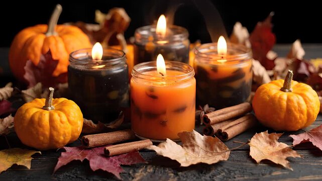 Burning Scented Candles in Glass Jars Surrounded by Small Orange Pumpkins, Cinnamon Sticks, and Autumn Fallen Leaves, Cozy Spooky Halloween Tabletop Atmosphere Scene for Seasonal Video Background
