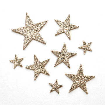 Set of nine glitter gold stars in different sizes with fine sparkling grains for holiday decor and craft layouts in PNG, Transparent and Black Background Versions