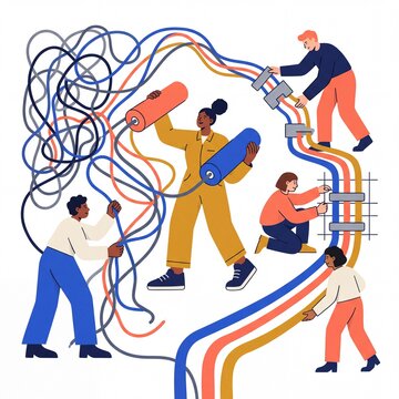 Diverse team organizing tangled cables into neat parallel lines