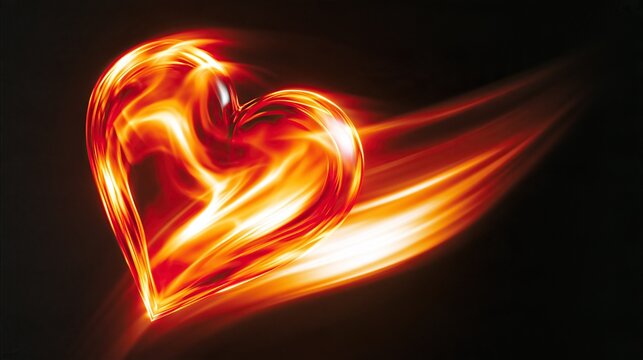 Abstract glowing fire shaped heart symbol with motion blur trails on dark black background representing passionate romantic love and valentine day concept