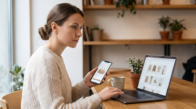Young woman seated at table using laptop and smartphone for online shopping, e-commerce, moderm lifestyle