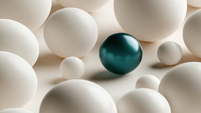 Minimalist abstract composition of multiple matte white spheres with one glossy dark teal sphere standing out showing uniqueness and individuality concept