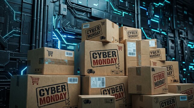 Cardboard shipping boxes printed with cyber monday logos are stacked in front of a futuristic metallic technological wall background.