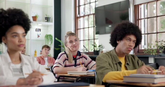 Learning, student or hand up in classroom for answer, response or constructive feedback in lesson. Teen girl, attention and gesture in high school for question, opinion and opportunity for input