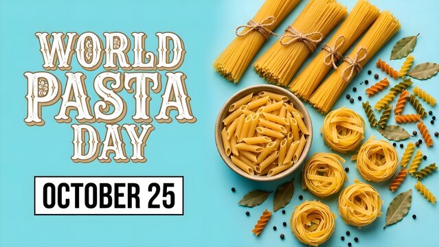 World Pasta Day flat lay design with raw noodles and copy space on a blue background
