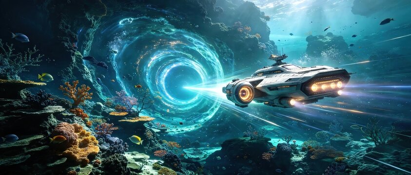 Science fiction underwater scene with glowing blue circular teleport portal and futuristic spaceship near colorful coral reef with tropical fish showing interstellar travel