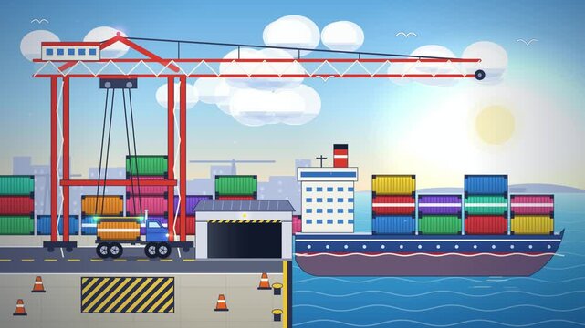 Port crane loads shipping container from truck onto cargo ship, logistics freight animation 4K